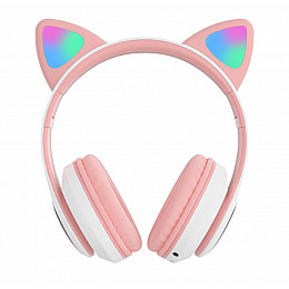 Беспроводные Bluetooth наушники с ушками Cat Ear VZV-23M/ 7805 с LED подсветкой Розовые