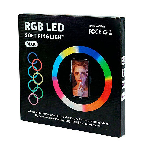 Кольцевая светодиодная LED лампа RIAS MJ30 RGB 30см Разноцветная с держателем USB управление на проводе