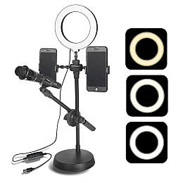 Кольцева світлодіодна LED лампа RIAS HA-12 9см з тримачем для мікрофона та телефону Black