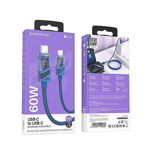 Кабель для зарядки и обмена данными Borofone BU42 Octavia 60W 3A/20V Type-C to Type-C 1.2 m Синий