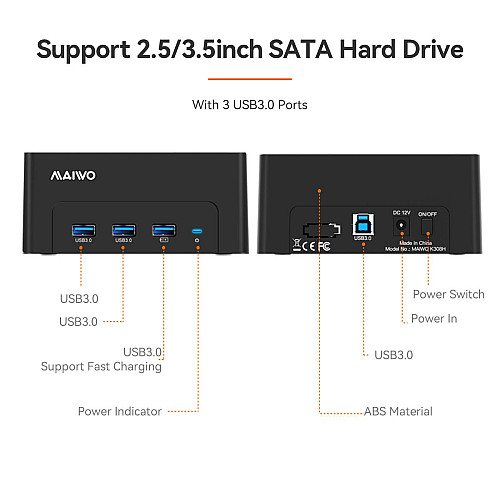 Док-станція Maiwo 2.5"/3.5" SATA HDD/SSD 4xUSB 3.0 Чорний (K308H 6372)