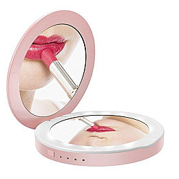 Карманное зеркало для макияжа с LED подсветкой SUNROZ DC113 Pocket Mirror Power Bank Розовый (SUN6398)