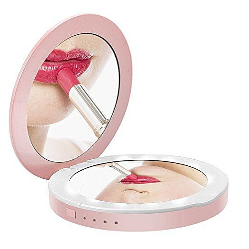 Карманное зеркало для макияжа с LED подсветкой SUNROZ DC113 Pocket Mirror Power Bank Розовый (SUN6398)