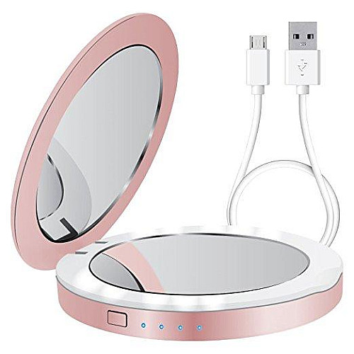 Карманное зеркало для макияжа с LED подсветкой SUNROZ DC113 Pocket Mirror Power Bank Розовый (SUN6398)