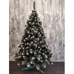 Штучна ялинка Happy New Year карпатська з білими кінчиками та шишками 220 см Зелена