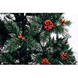 Штучна ялинка Happy New Year різдвяна з білими кінчиками, шишками та калиною 200 см Зелена
