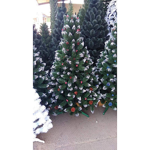 Штучна ялинка Happy New Year різдвяна з білими кінчиками, шишками та калиною 200 см Зелена