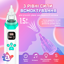 Аспіратор назальний (соплеосос) для новонароджених і до 10 років акумулятор 3 режими 3 насадки (AN-01)