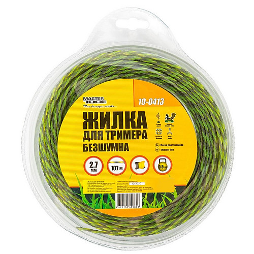 Леска для триммера безшумна MASTERTOOL SPIRAL SQUARE 2.70 мм 107 м двоколірна (19-0413)
