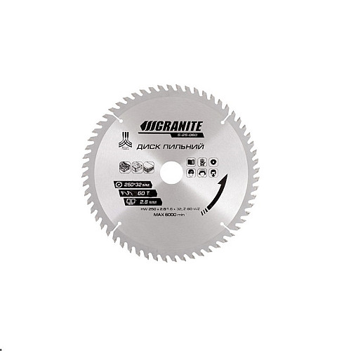 Диск пильний для дерева GRANITE 250х32х60Т адаптер 32-30/32-25.4 6100 об/хв (5-25-060)