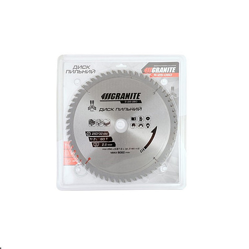 Диск пильний для дерева GRANITE 250х32х60Т адаптер 32-30/32-25.4 6100 об/хв (5-25-060)