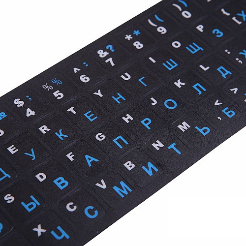 Наклейки букви на клавіатуру KeyBoard Російський/Англійський 11x13 мм Чорний/сині російські букви (gab_krp40xJwX17564)