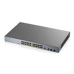 Комутатор для відеоспостереження ZYXEL GS1350-26HP (GS1350-26HP-EU0101F) (24xGE PoE+, 2xGE/SFP, PoE макс 375W, NebulaFlex Pro, живлення до 250м, автоперезавантаження PoE-портів, L2)