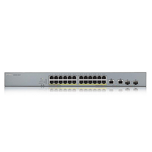 Комутатор для відеоспостереження ZYXEL GS1350-26HP (GS1350-26HP-EU0101F) (24xGE PoE+, 2xGE/SFP, PoE макс 375W, NebulaFlex Pro, живлення до 250м, автоперезавантаження PoE-портів, L2)