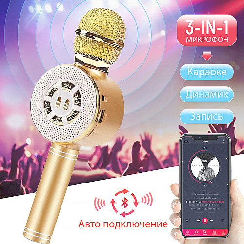Детский микрофон Wster с функцией караоке USB, microSD, AUX, Bluetooth WS 669 Золотой