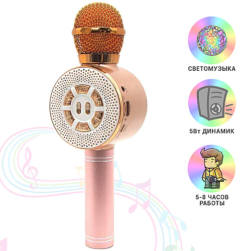 Дитячий мікрофон Wster з функцією караоке USB, microSD, AUX, Bluetooth WS 669 Рожевий з золотим