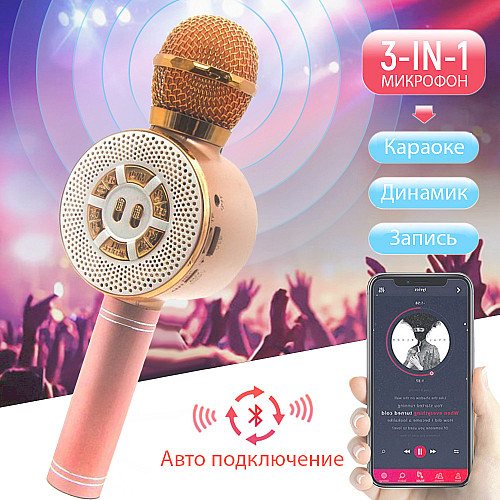 Дитячий мікрофон Wster з функцією караоке USB, microSD, AUX, Bluetooth WS 669 Рожевий з золотим