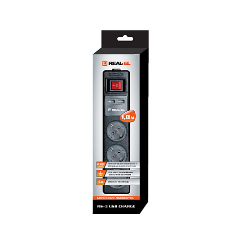 Фільтр живлення REAL-EL RS-3 USB CHARGE 1.8м Чорний