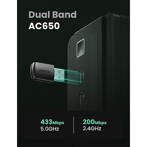 Двухдиапазонный беспроводной Wi-Fi USB адаптер Ugreen AC650 2,4 ГГц/5 ГГц CM448 20204 Черный
