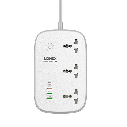 Удлинювач з USB 2 м Ldnio SCW3451 3USB Type-C 3 розетки QC Wi-Fi Білий