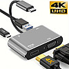Концентратор Qukam Type-C 4 в 1 адаптер type-c 3.0 до 4K HDMI HDTV VGA USB 3.0 PD розгалужувач швидкої зарядки Сірий