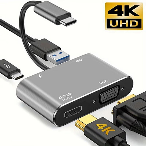Концентратор Qukam Type-C 4 в 1 адаптер type-c 3.0 до 4K HDMI HDTV VGA USB 3.0 PD розгалужувач швидкої зарядки Сірий
