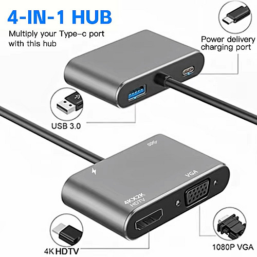 Концентратор Qukam Type-C 4 в 1 адаптер type-c 3.0 до 4K HDMI HDTV VGA USB 3.0 PD розгалужувач швидкої зарядки Сірий