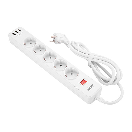 Сетевий фільтр подовжувач з USB 2E 5XSchuko 3 USB-A 5 розеток 2 м білий