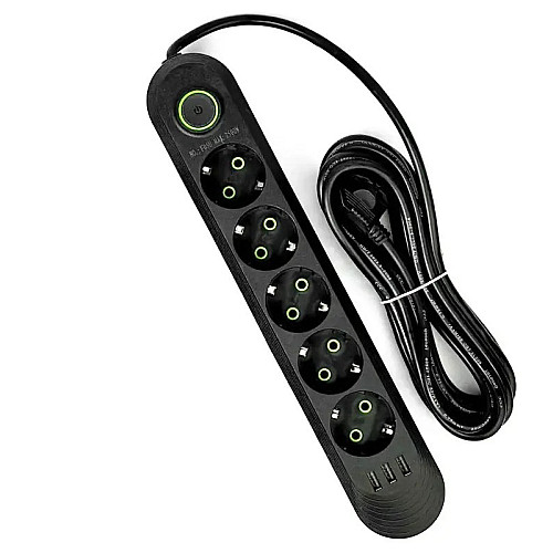 Удлинитель-переноска UA Power 6 м 5 розеток 3 USB F05U Чорний