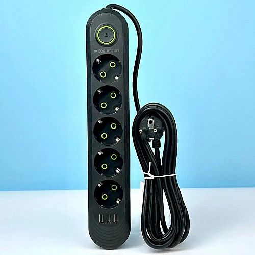 Удлинитель-переноска UA Power 6 м 5 розеток 3 USB F05U Чорний