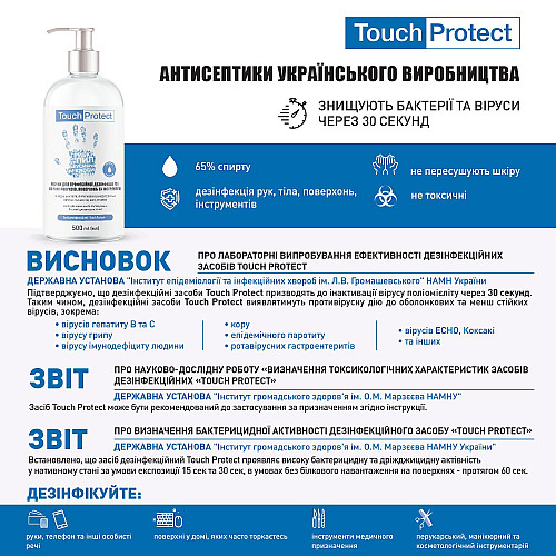 Антисептик спрей для дезинфекции рук, тела, поверхностей и инструментов Touch Protect 500 мл