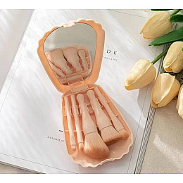 Набор кистей для макияжа Rozy Seashell персик 5шт в дорогу с зеркалом