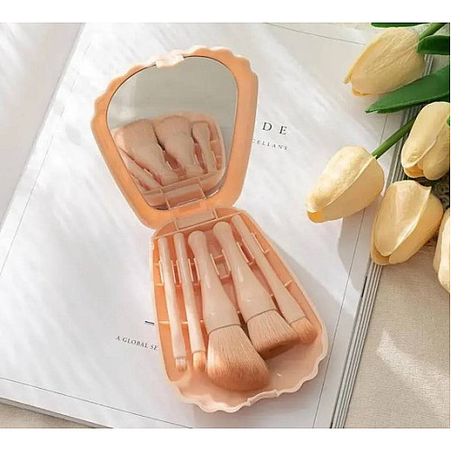 Набор кистей для макияжа Rozy Seashell персик 5шт в дорогу с зеркалом