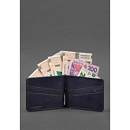 Кожаное портмоне 4.4 с зажимом синий Crazy Horse карбон BlankNote