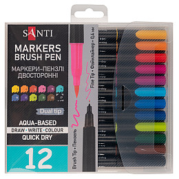 Набор маркеров акварельных Santi Brush Pen 12 цветов двусторонние (390998)