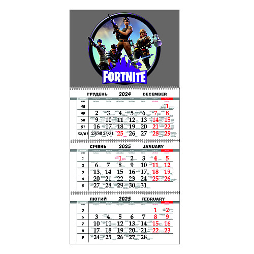 Квартальный настенный календарь на 2025 Vivay Fortnite 30x65 см Разноцветный (hub_pm1q5o)