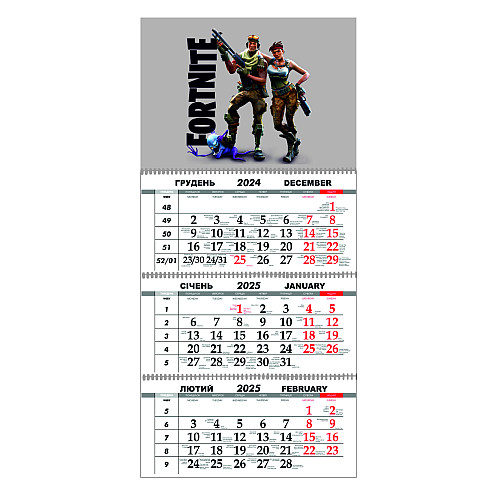 Квартальный настенный календарь на 2025 Vivay Fortnite 30x65 см Разноцветный (hub_9ca732)