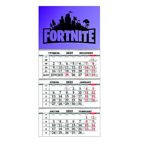 Квартальный настенный календарь на 2025 Vivay Fortnite 30x65 см Разноцветный (hub_nqbgru)