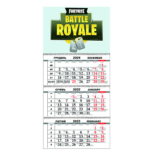Квартальный настенный календарь на 2025 Vivay Fortnite 30x65 см Разноцветный (hub_p1rh3z)