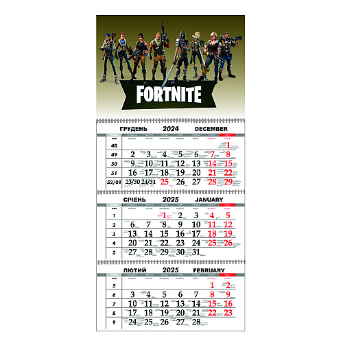 Квартальный настенный календарь на 2025 Vivay Fortnite 30x65 см Разноцветный (hub_mhw1n9)