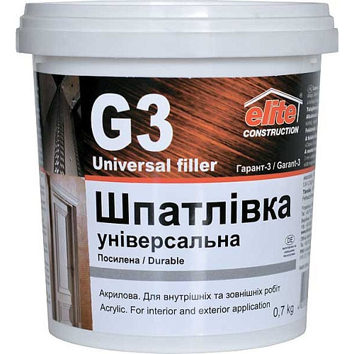 Шпаклівка фінішна універсальна посилена Elite Construction Гарант-3 0.7 кг Білий