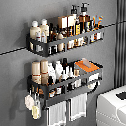 Настенная полка для хранения в ванной с держателем для полотенец ANbeauty Черная (AN0103401)