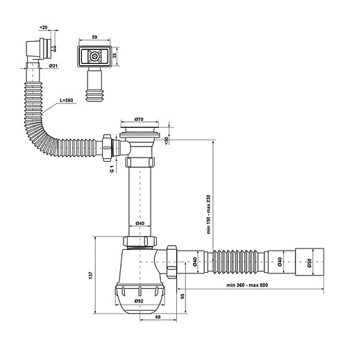 Сифон для кухонной мойки Kronoplast SM26010343 1 1/2” х 40 мм с квадратным переливом