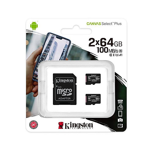 Карта пам'яті MicroSDXC 2x64GB UHS-I Class 10 Kingston Canvas Select Plus R100MB/s SD-адаптер (SDCS2/64GB-2P1A)
