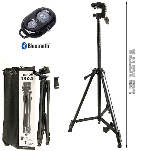 Универсальный штатив трипод TriPod 380A 0.5-1.35м раскладной для камеры и телефона переносной с уровнем и чехлом тринога+Bluetooth пульт