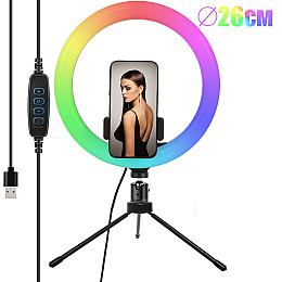 Светодиодная кольцевая лампа с мини штативом MJ26 RGB диаметром 26см