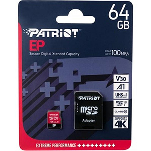 Карта пам'яті MicroSDXC 64GB UHS-I/U3 Class 10 Patriot EP A1 R90/W80MB/s SD-адаптер (PEF64GEP31MCX)
