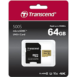 Карта памяти MicroSDXC 64GB UHS-I/U3 Class 10 Transcend 500S SD-adapter (TS64GUSD500S)