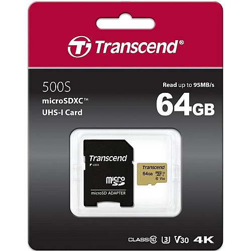 Карта пам'яті MicroSDXC 64GB UHS-I/U3 Class 10 Transcend 500S SD-адаптер (TS64GUSD500S)