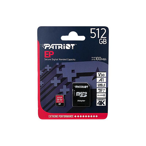 Карта пам'яті MicroSDXC 512GB UHS-I/U3 Class 10 Patriot EP A1 R90/W80MB/s SD-адаптер (PEF512GEP31MCX)